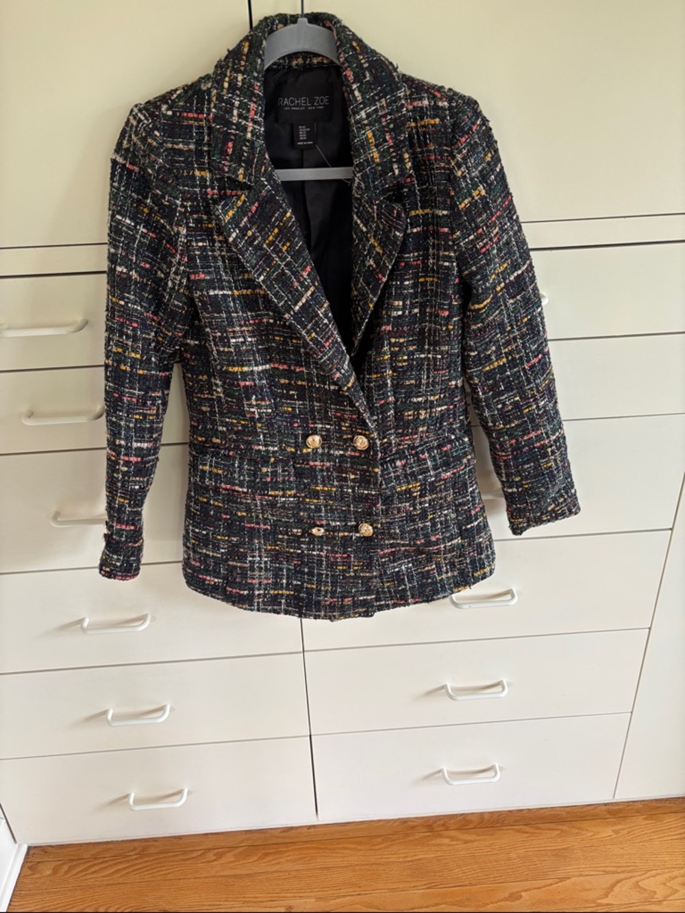 Rachel Zoe Rainbow Tweed Double-Breasted Blazer with Gold Buttons